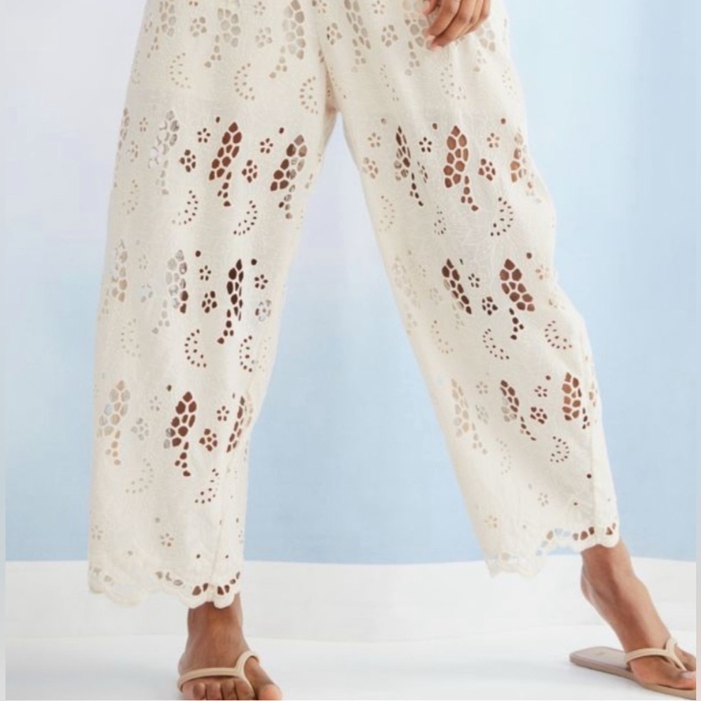 H&M embroidery Cream Wide Leg Lace Pants bohemian chic women size M